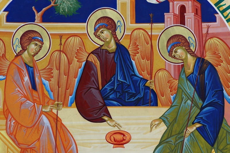 Orthodox church. Wall painting with the Holy Trinity - Bujoreni Monastery, Vaslui County, landmark attraction in Romania.