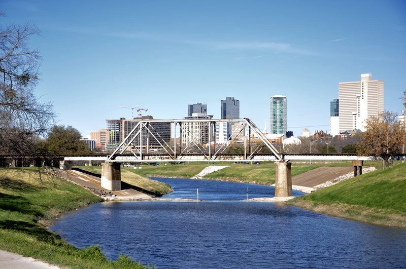 Fort Worth Skyline behind the Trinity Park Bridge