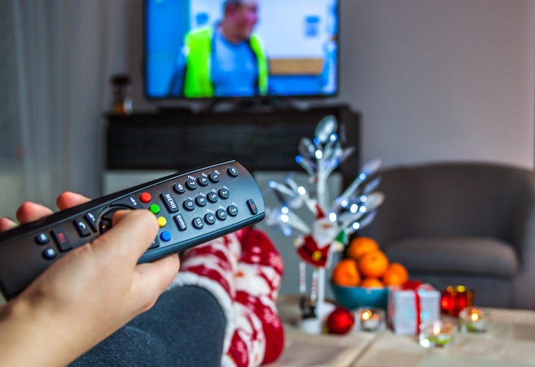Woman Watching TV, Christmas, Remote, Decorations