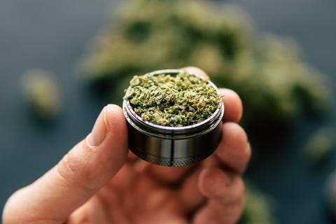In hand a grinder to grind marijuana weed against a background of flowers of cannabis and scales and joint top view close up