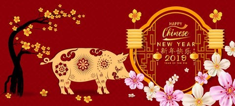  Year of the Pig. Lunar new year. Chinese characters mean Happy New Year.