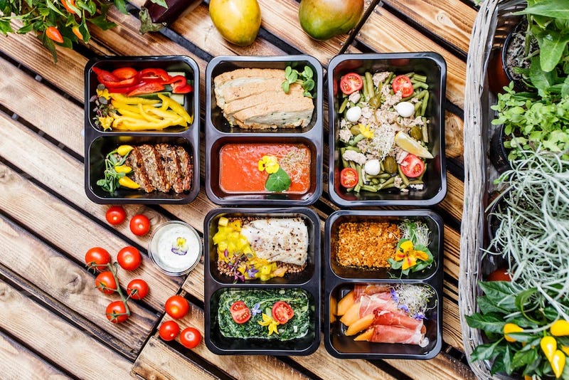 Healthy food and diet concept, restaurant dish delivery. Take away of fitness meal. Breakfast, clean