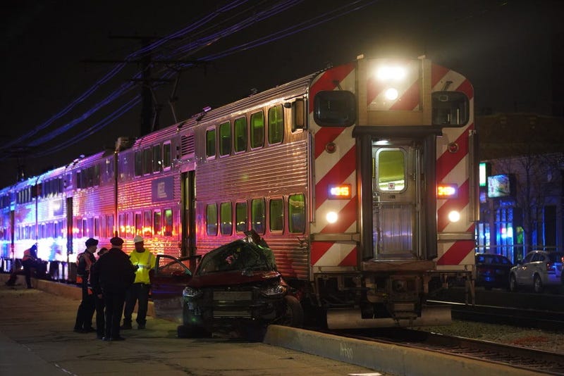 A Metra train hit a car March 10, 2020, in the 7100 block of South Merrill Avenue.