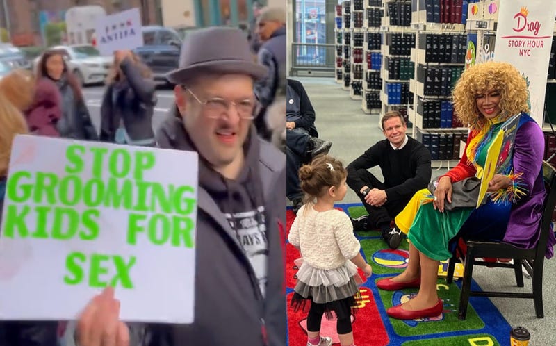 (Left) A protester against Saturday's Drag Story Hour event standing outside the library. (Right) A drag queen reads a story book to a child at Saturday's Drag Story Hour event.