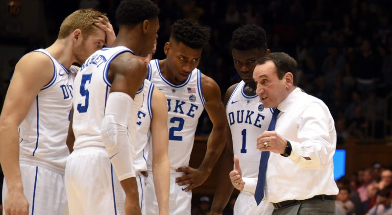 Feb 2, 2019; Durham, NC, USA; Duke Blue Devils head coach Mike Krzyzewski (right) directs his team during the second half against the St. John's Red Storm at Cameron Indoor Stadium. The Blue Devils won 91-61. Mandatory Credit: Rob Kinnan-USA TODAY Sports