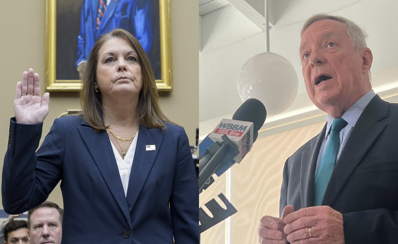 Left: Secret Service Director Kimberly Cheatle is sworn in before the House Oversight and Accountability Committee about the attempted assassination of former President Donald Trump. Right: Sen. Dick Durbin (D-Ill.) speaks at an event on Chicago's Southwest Side.