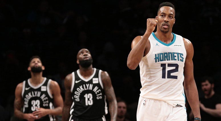 Charlotte Hornets center Dwight Howard reacts against the Brooklyn Nets on March 21, 2018, at the Barclays Center.