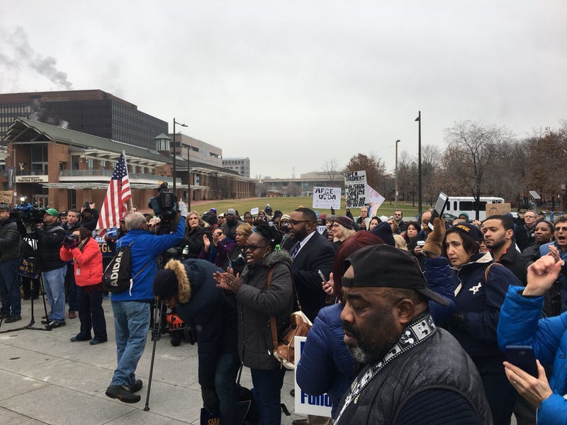Hundreds of furloughed federal workers protested the partial government shutdown at a rally in Philadelphia.