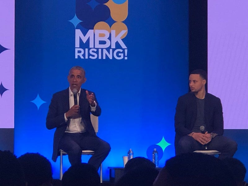 Barack Obama and Stephen Curry appear at an event for Obama's My Brother's Keeper Alliance in Oakland on Feb.19, 2019.