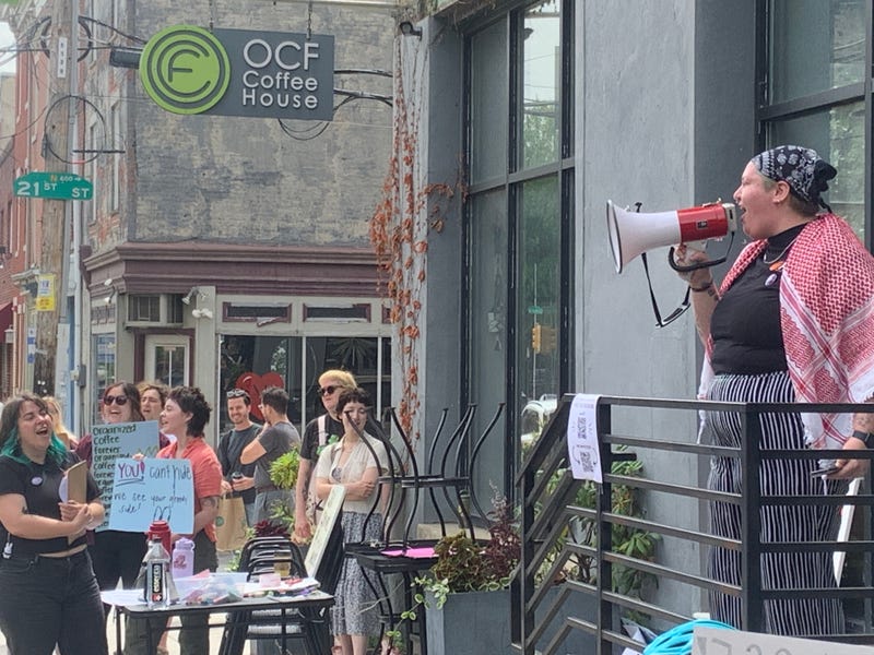Three dozen workers rallied outside of OFC Coffee house location on Fairmount Avenue in protest of owner Ori Feibush's decision to close it and two other locations a week after workers unionized.