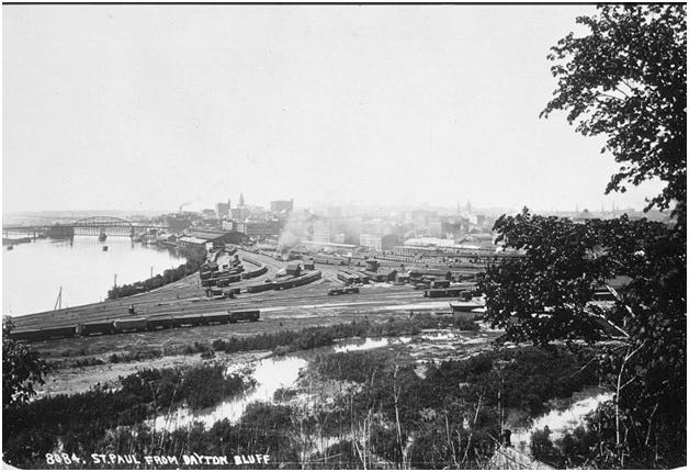 A view of Bruce Vento Nature Sanctuary from the top of Dayton's Bluff in approximately 1894.