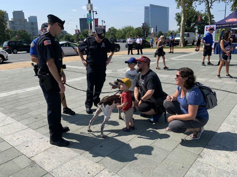 Philadelphia-area police officers were playing around in front of the Philadelphia Art Museum to promote next Tuesday's National Night Out. 