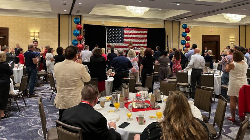 Jim Worthington, chair of the Pennsylvania delegation, introduces Republican National Convention co-chair Lara Trump on Tuesday morning.