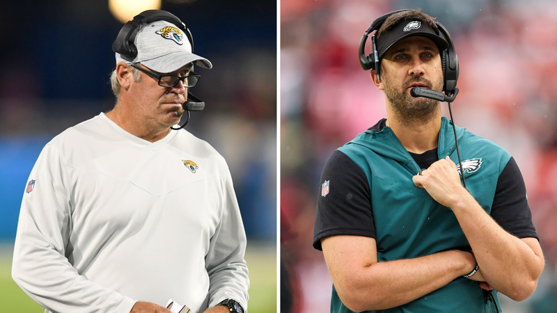 Jacksonville Jaguars head coach Doug Pederson (left) and Philadelphia Eagles head coach Nick Sirianni.