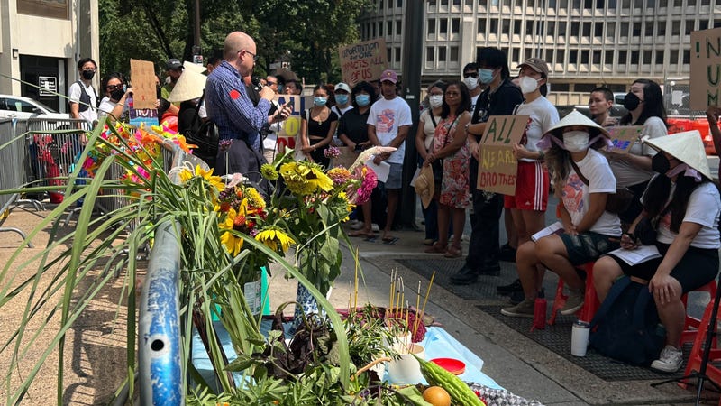 Sereyrath Van's attorney, David Bennion, addresses protesters outside of the U.S. Immigration and Customs Enforcement Philadelphia field office.