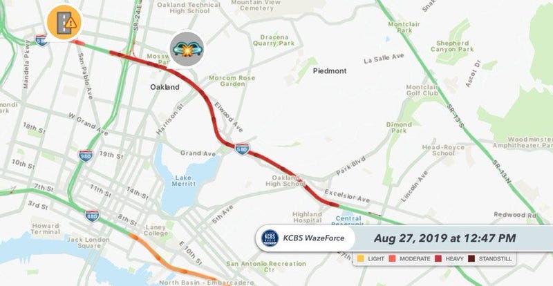 A police chase and crash on I-580 in Oakland led to the closure of the westbound freeway for hours on Aug. 27, 2019. 