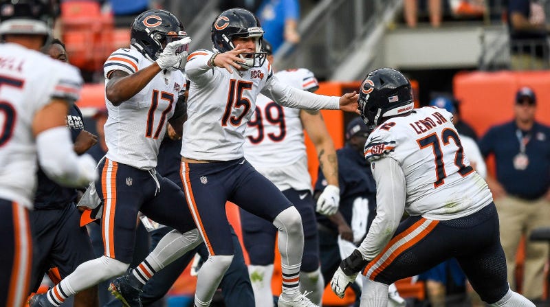 Bears kicker Eddy Pineiro (15) celebrates after kicking a game-winning field goal against the Broncos.
