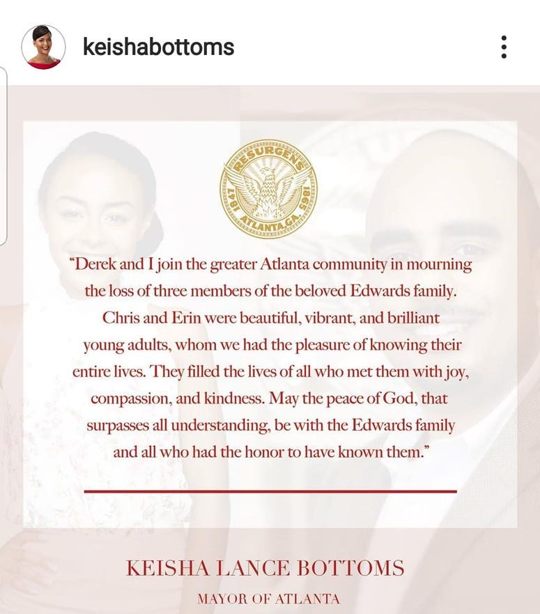 Atlanta Mayor Keisha Lance Bottoms issued a statement following the deaths of Marsha Edwards and her children