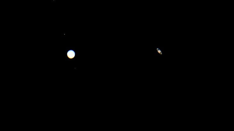 From left: Jupiter and Saturn appear about 1/10 of a degree apart during an astronomical event known as a Great Conjunction on Dec. 21, 2020. The planets, which remain about 450 million miles apart in space, had not appeared this close together from Earth's vantage point since 1623, and it's been nearly 800 years since the alignment occurred at night.