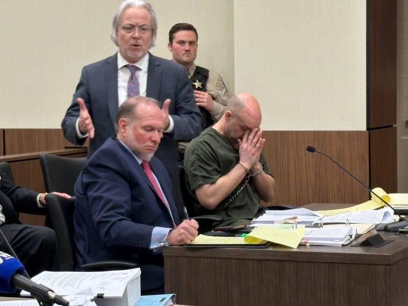 Sean Higgins and his defense attorneys, Matthew Portello and Richard Kleinberger, in the courtroom on April 15, 2025.