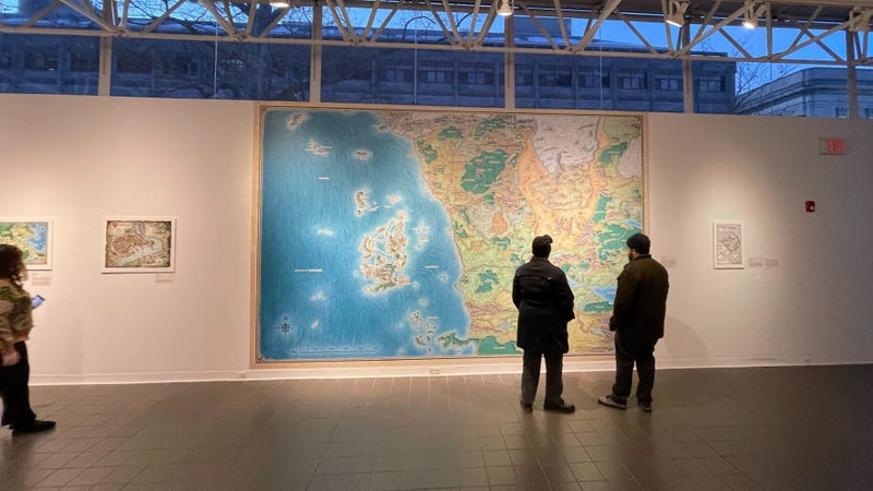 Massive maps of fictional continents contribute to the grand production at the Galleries at Moore College of Art & Design.