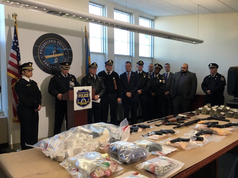 Philadelphia police show what they confiscated during a three-day anti-crime initiative.