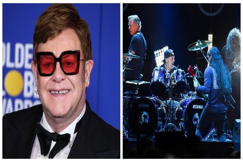 (Left) Elton John, band Metallica (Right)