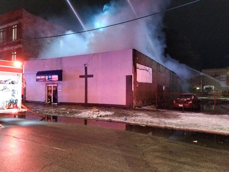 Crews work to extinguish a fire at Cedar Grove Missionary Baptist Church in Englewood on Nov. 14, 2019.