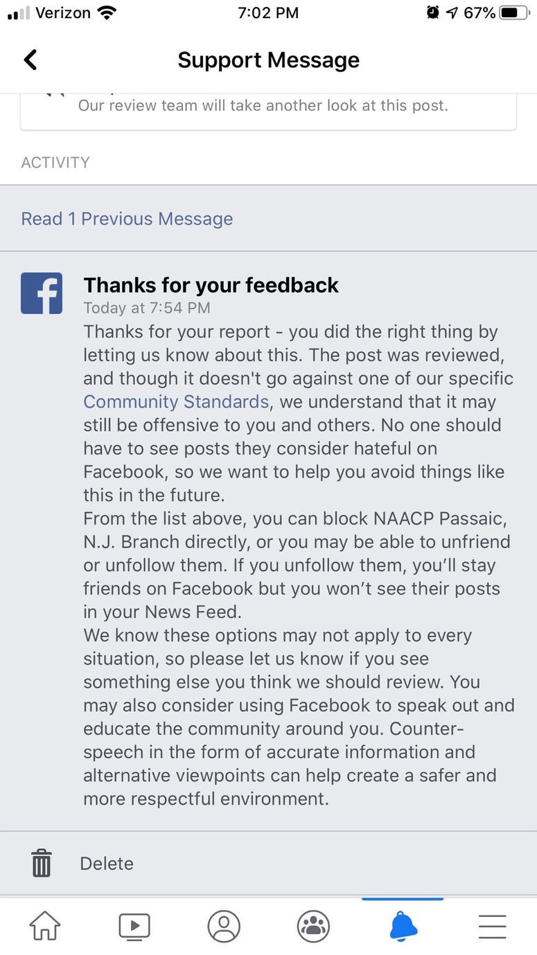Facebook response 