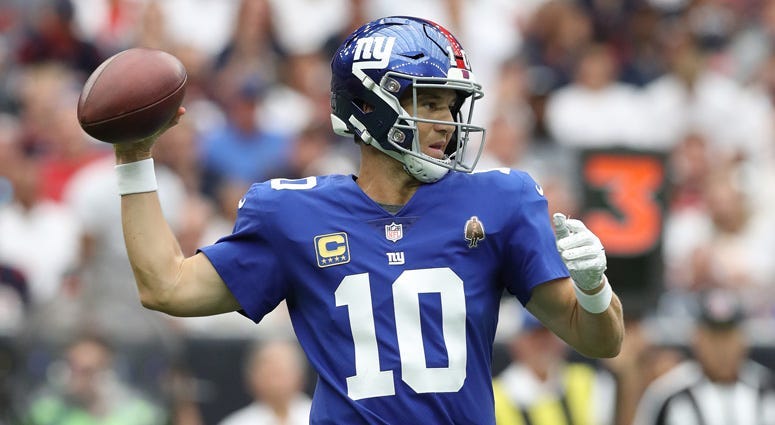 Giants quarterback Eli Manning passes against the Texans on Sept. 23, 2018, at NRG Stadium in Houston.