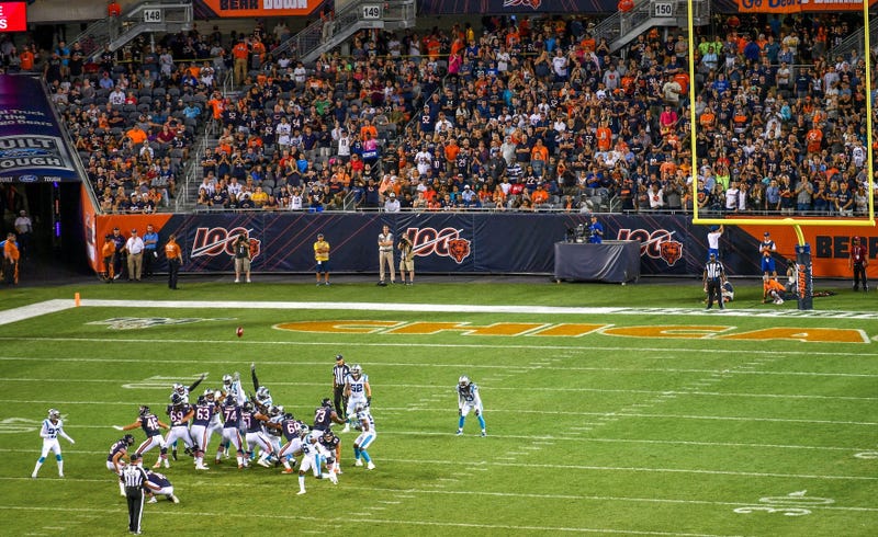 Bears kicker Elliott Fry (8) makes a field goal against the Panthers.