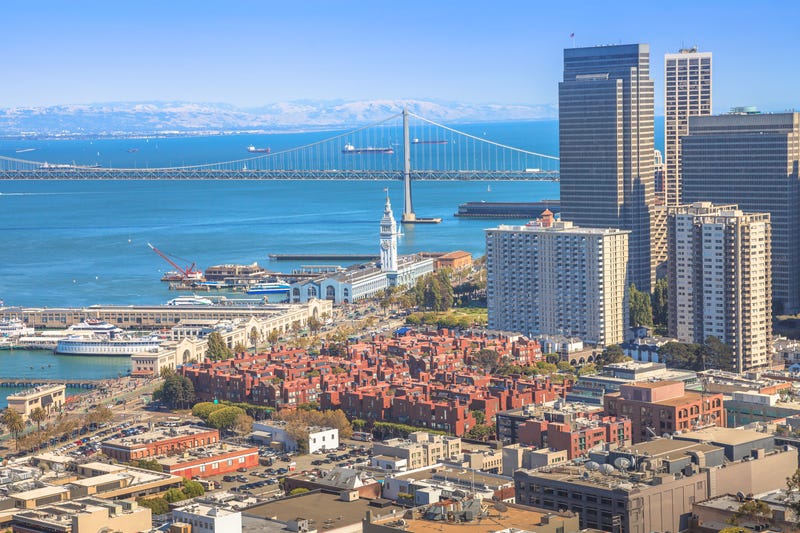 A view of the Embarcadero, Ferry Building and Bay Bridge in San Francisco.
