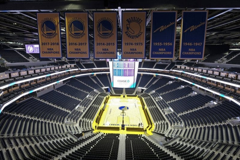 he Golden State Warriors championship banners hang above the seating and basketball court at the Chase Center in San Francisco. The Warriors will play the Brooklyn Nets at home Thursday night, March 12, 2020, in the first NBA game without fans.