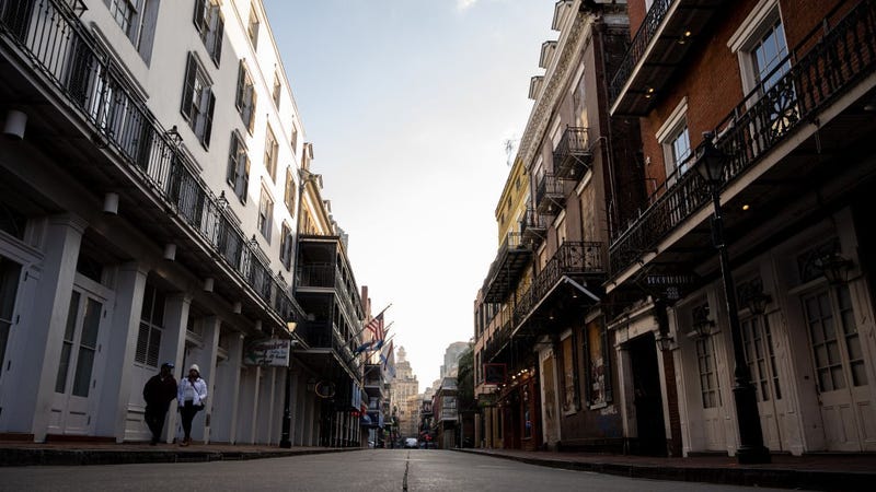 An empty Bourbon Street is seen in the evening on February 16, 2021 in New Orleans, Louisiana.