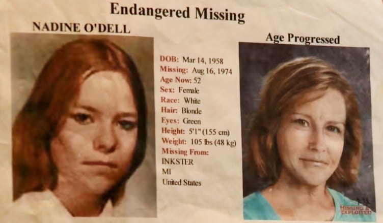 Missing person flyer for Nadine O'Dell