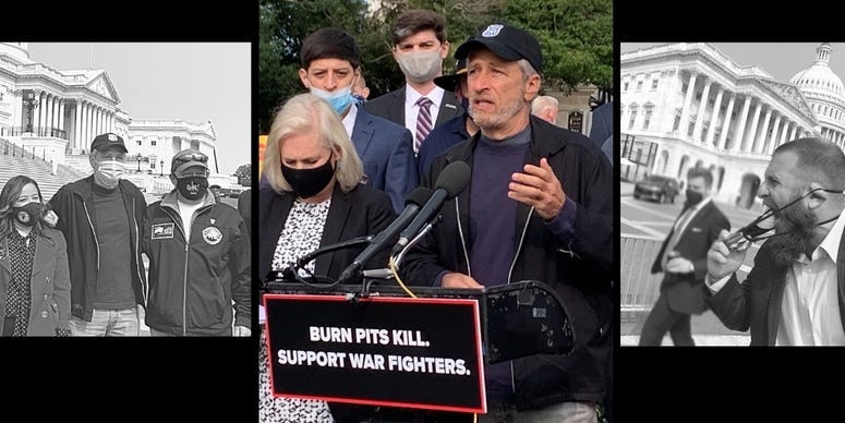 Jon Stewart and veterans on Capitol Hill fighting for burn pit and toxic exposure legislation.