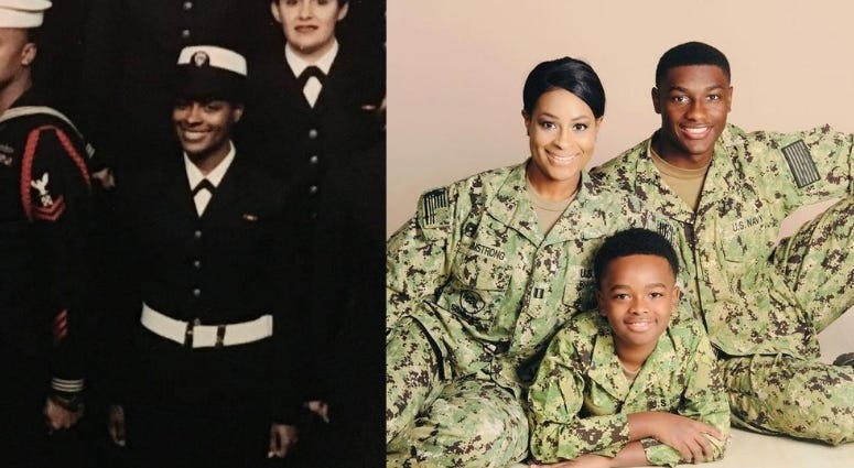Lt Yvonne Armstrong, as an enlisted Sailor in Boot Camp and a Navy Lt, with her two sons
