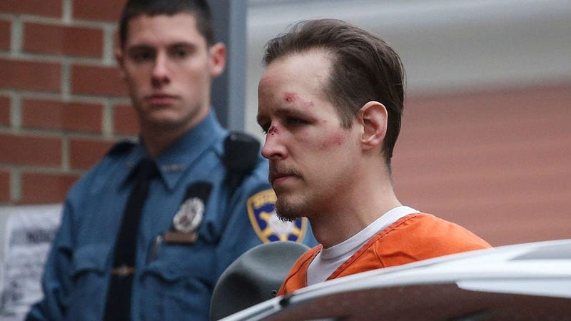 Eric Frein arrives for arraignment to court on October 31, 2014 in Milford, Pennsylvania. Frein, a suspected cop killer, was taken into custody from a Pennsylvania airport hangar after a seven-week manhunt.