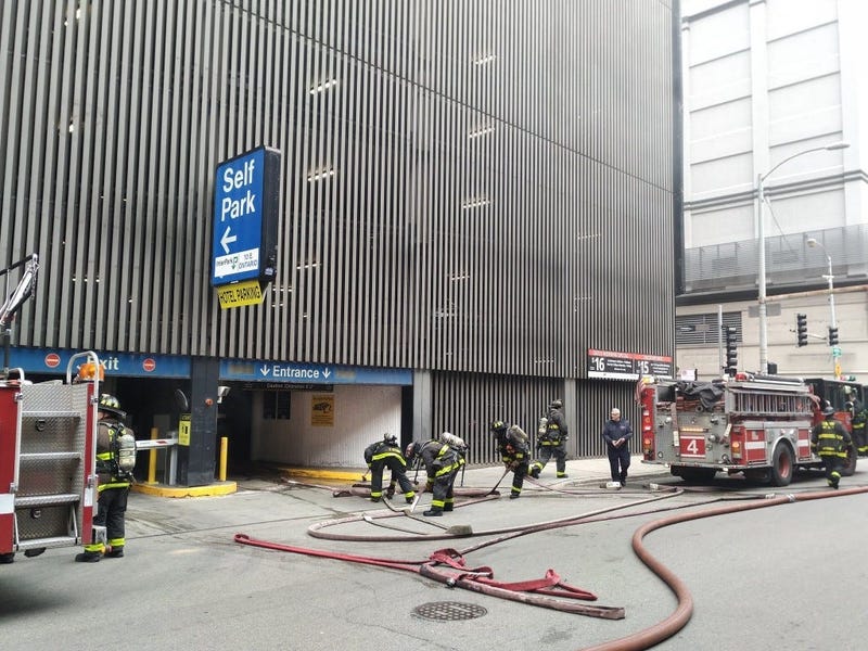 Crews extinguished a car fire Feb. 24, 2020, in a parking garage at 10 E. Ontario St. 