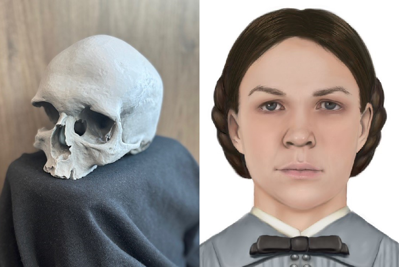 Left: A 3-D remake of a skull found inside the wall of a Batavia, Illinois, home in 1978. Officials have now identified the skull as that of Esther Granger. Right: An illustration of Esther Granger, who died in May 1866 due to complications from childbirth.