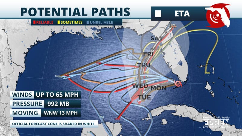 Tropical Storm Eta's projected paths uncertain as of 11-09-20