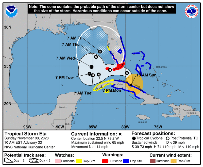 Tropical Storm Eta forecast to become a hurricane, then gradually weaken as the storm drifts north along the Florida west coast.