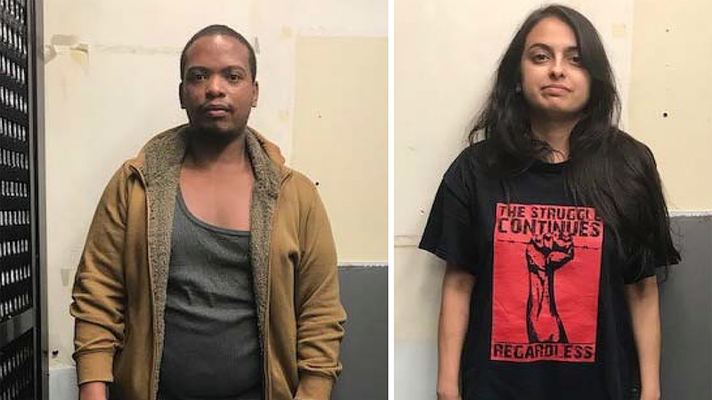 This May 30, 2020 booking photo provided by the United States Attorney's Office of the Eastern District of New York, shows Colinford Mattis, left, and Urooj Rahman, both Brooklyn attorneys, after they were arrested for allegedly firebombing a police vehicle in New York