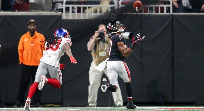 Falcons wide receiver Marvin Hall catches a touchdown pass against the Giants on Oct. 22, 2018, at Mercedes-Benz Stadium in Atlanta.