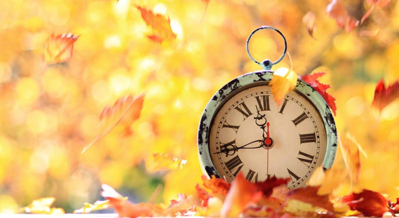 A wind-up clock sitting among falling autumn leaves
