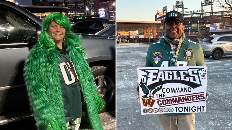 Eagles fans Kim Righi (left) and Floyd White III at the South Philadelphia Sports Complex.