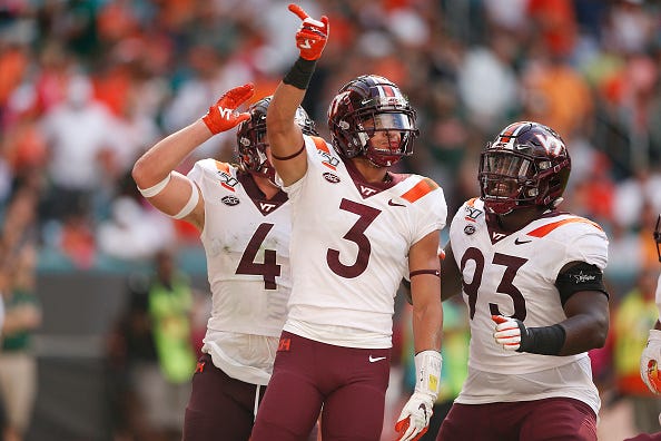 Caleb Farley celebrates a big play for Virginia Tech