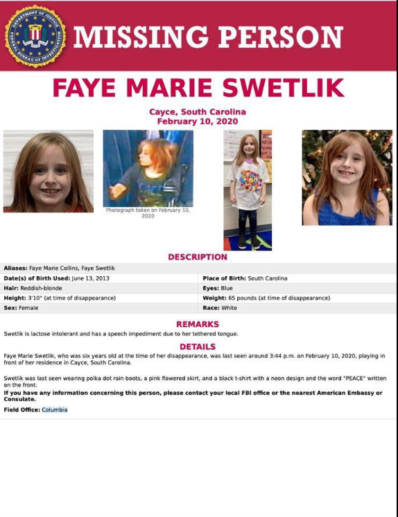 Nationwide FBI Bulletin for missing Cayce, SC 6 year old Faye Swetlik