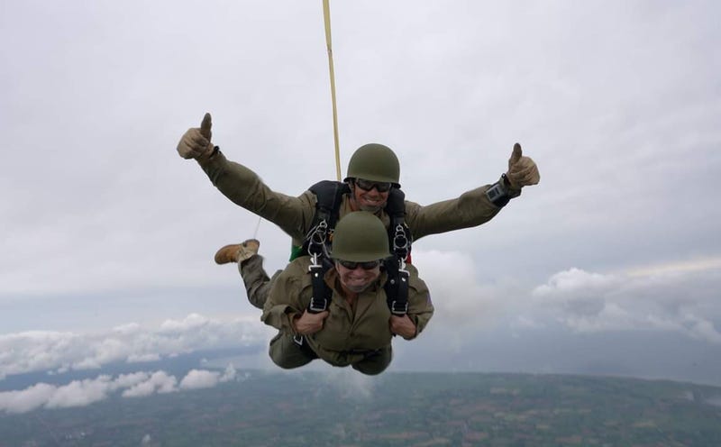 Scoti Domeij, a gold star mother, parachuted into Normandy with members of the 75th Ranger Regiment
