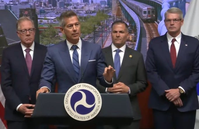 U.S. Transportation Secretary Sean Duffy, along with Federal Railroad Administrator David Fink, Federal Transit Administrator Marc Molinaro and Federal Motor Carrier Safety Administrator Derek Barrs, addresses reporters following a meeting with local officials and SEPTA leadership.
